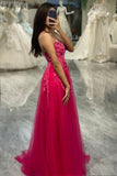 A Line Fuchsia Spaghetti Straps Tulle Long Prom Dress With  Appliques