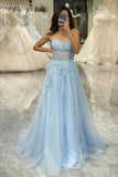 Light Blue A Line Tulle Long Prom Dress With Appliques
