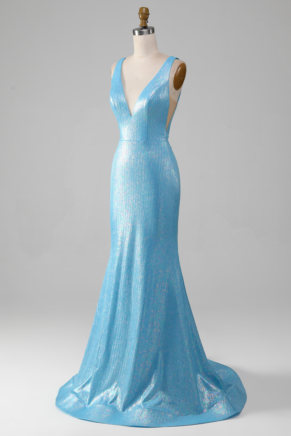 Glitter Blue Mermaid V-Neck Backless Long Prom Dress