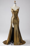 Sparkly Golden Mermaid Strapless Streamer Metallic Long Prom Dress with Slit