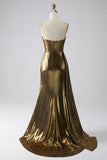 Sparkly Golden Mermaid Strapless Streamer Metallic Long Prom Dress with Slit
