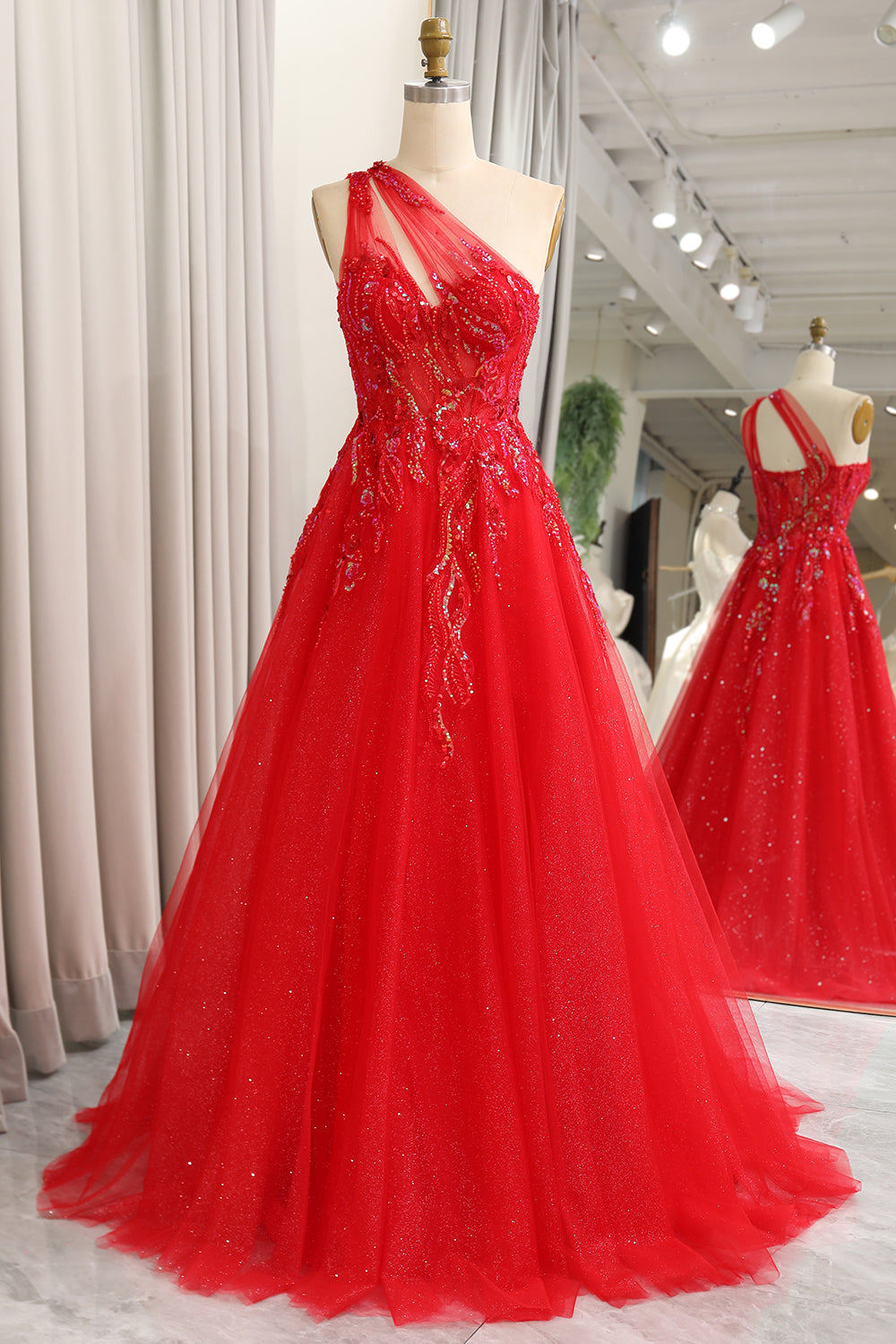 Wedtrend Women Sparkly Red Prom Dress A-Line One Shoulder Sequins Long Evening Party Dress With Appliques WEDTREND Wedtrend Women Sparkly Red Prom Dress A-Line One Shoulder Sequins Long Evening Party Dress With Appliques WEDTREND