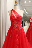 Sparkly Red A-Line One Shoulder Long Prom Dress With Sequins