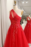 Sparkly Red A-Line One Shoulder Long Prom Dress With Sequins