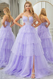 Sparkly Lilac A Line Appliqued Tiered Long Corset Prom Dress With Slit