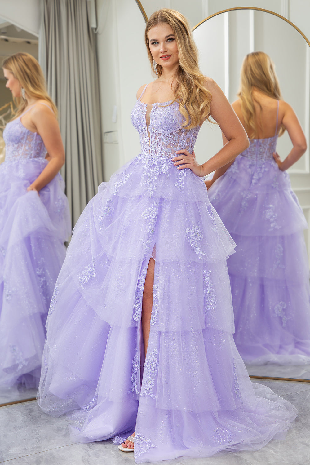 Sparkly Lilac A Line Appliqued Tiered Long Corset Prom Dress With Slit