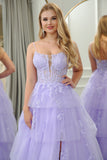 Sparkly Lilac A Line Appliqued Tiered Long Corset Prom Dress With Slit