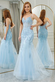 Light Blue Mermaid Appliqued Long Corset Prom Dress With Slit