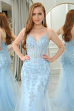 Light Blue Mermaid Appliqued Long Corset Prom Dress With Slit