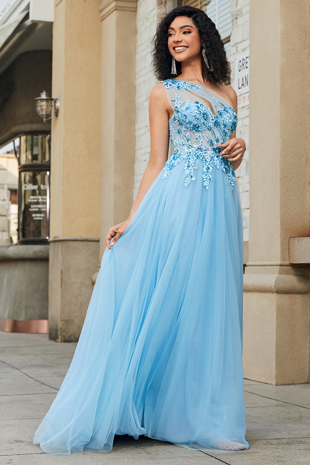 Wedtrend Women Light Blue Prom Dress A-Line One Shoulder Sequin Long Evening Dress with Appliques WEDTREND Wedtrend Women Light Blue Prom Dress A-Line One Shoulder Sequin Long Evening Dress with Appliques WEDTREND