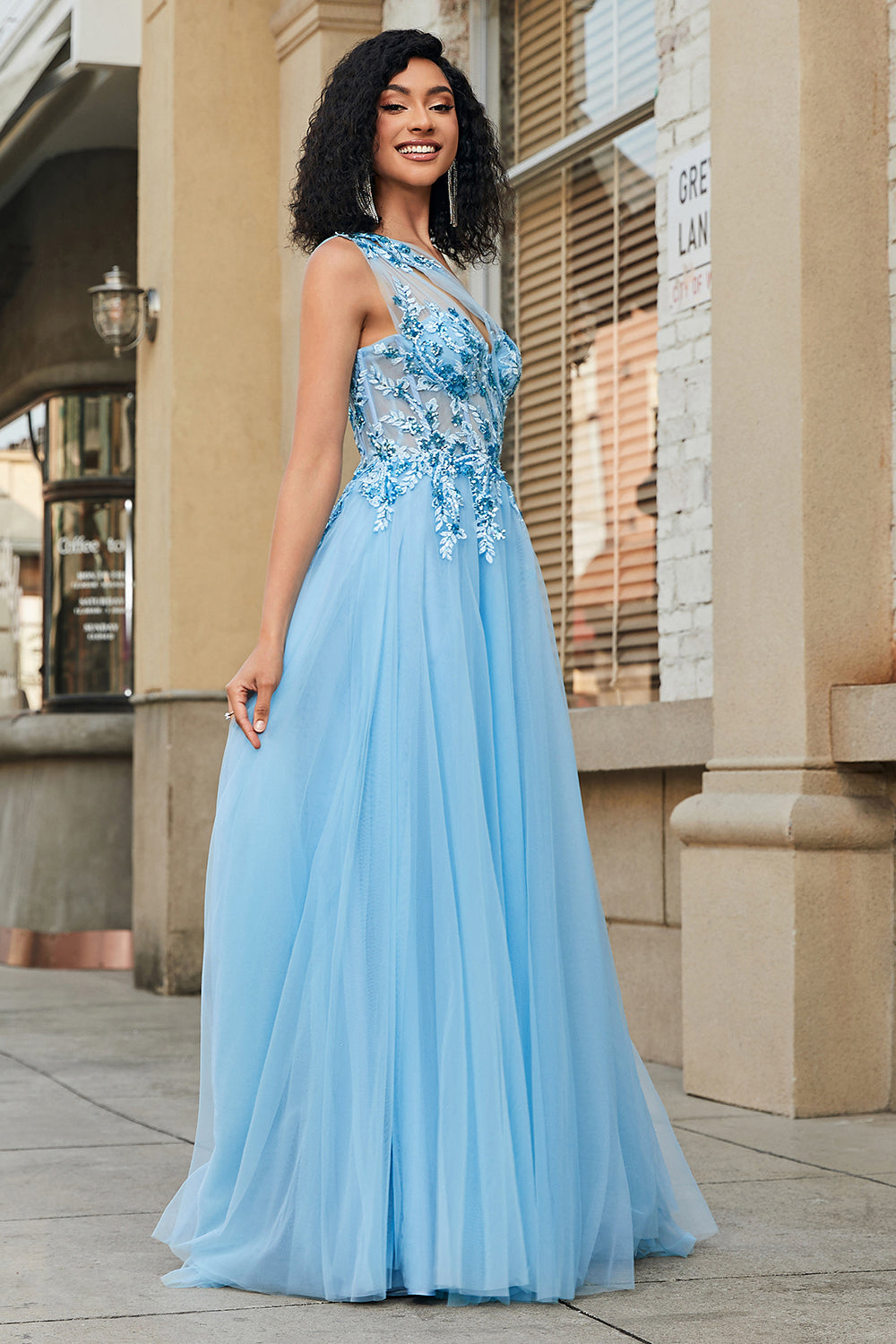 Wedtrend Women Light Blue Prom Dress A Line One Shoulder Sequin Long Evening Dress with Appliques WEDTREND