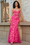 Fuchsia Mermaid Spaghetti Straps Sequins Corset Prom Dress with Appliques