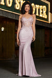 Sparkly Blush Mermaid Spaghetti Straps Long Corset Prom Dress with Beading