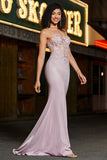 Sparkly Blush Mermaid Spaghetti Straps Long Corset Prom Dress with Beading