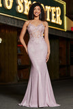 Sparkly Blush Mermaid Spaghetti Straps Long Corset Prom Dress with Beading