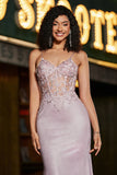 Sparkly Blush Mermaid Spaghetti Straps Long Corset Prom Dress with Beading