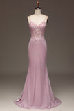 Sparkly Blush Mermaid Spaghetti Straps Long Corset Prom Dress with Beading