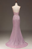 Sparkly Blush Mermaid Spaghetti Straps Long Corset Prom Dress with Beading