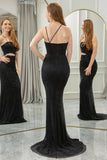Glitter Black Mermaid Spaghetti Straps Cut Out Long Prom Dress