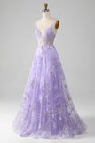 Purple A Line Spaghetti Straps Sparkly Prom Dress With Beading