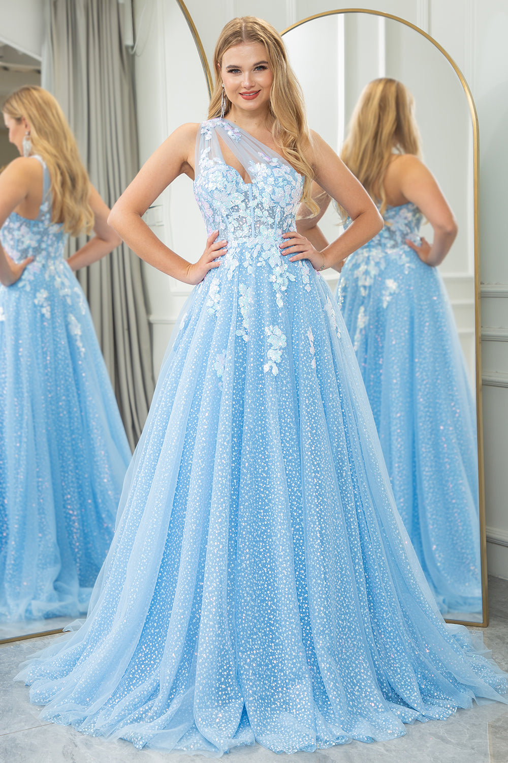 Wedtrend Women Light Blue Prom Dress A Line One Shoulder Sparkly Sequin Tulle Evening Dress With Appliques WEDTREND