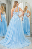 Light Blue A Line One Shoulder Sparkly Sequin Tulle Prom Dress With Appliques