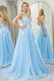 Light Blue A Line One Shoulder Sparkly Sequin Tulle Prom Dress With Appliques