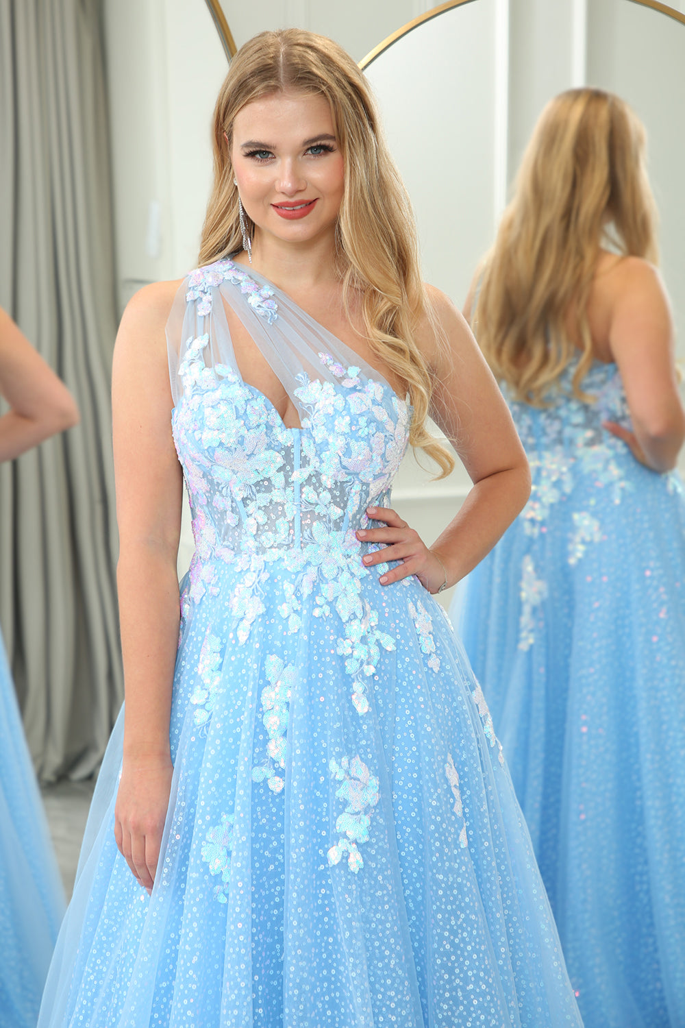 Light Blue A Line One Shoulder Sparkly Sequin Tulle Prom Dress With Appliques