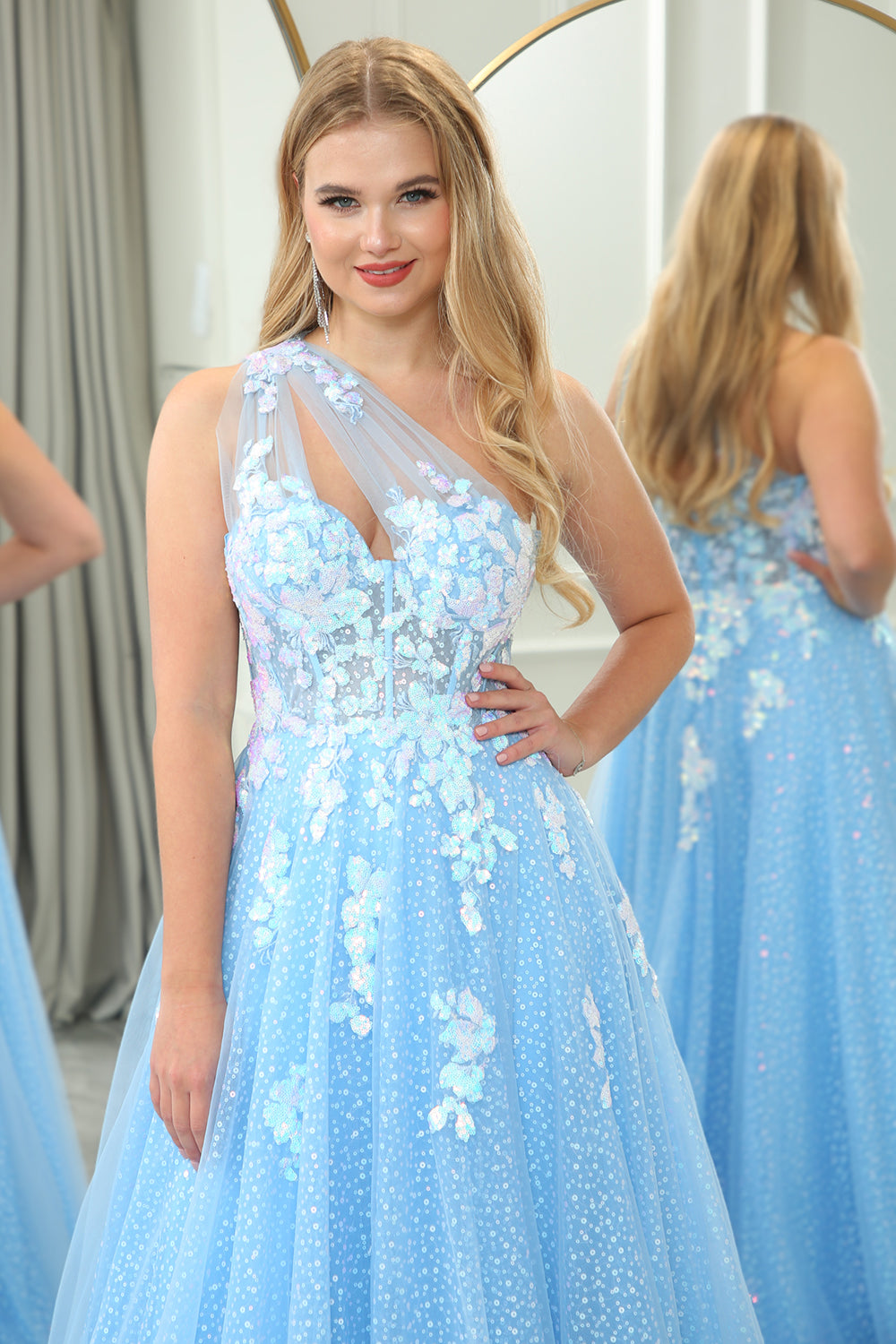 Wedtrend Women Light Blue Prom Dress A Line One Shoulder Sparkly Sequin Tulle Evening Dress With Appliques WEDTREND Wedtrend Women Light Blue Prom Dress A Line One Shoulder Sparkly Sequin Tulle Evening Dress With Appliques WEDTREND