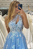 Light Blue A Line One Shoulder Sparkly Sequin Tulle Prom Dress With Appliques