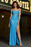 Glitter Blue Mermaid Spaghetti Straps Sequin Corset Prom Dress With Slit