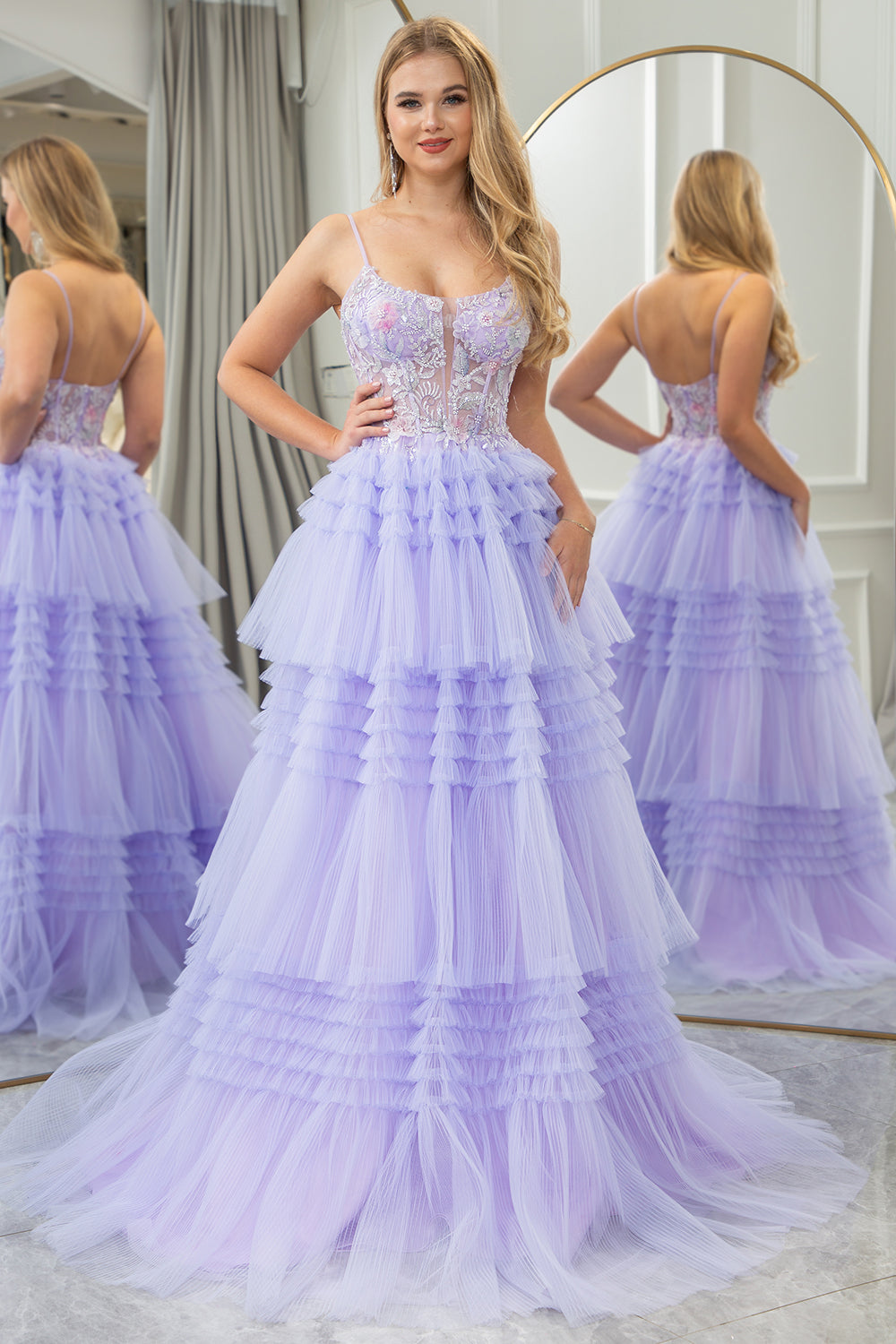 Wedtrend Women Lilac Prom Dress A Line Tiered Tulle Corset Long