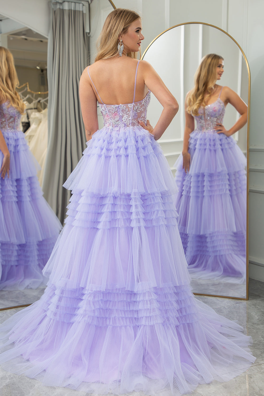 Lilac A Line Tiered Tulle Corset Long Prom Dress With Beaded Flower Appliques