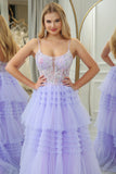 Lilac A Line Tiered Tulle Corset Long Prom Dress With Beaded Flower Appliques