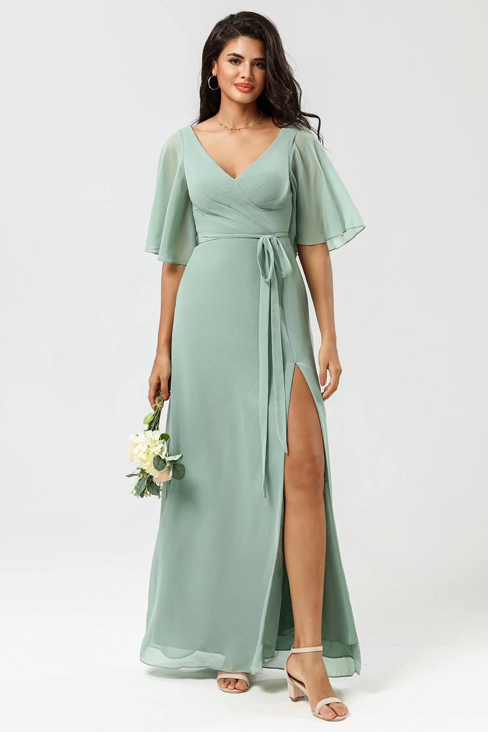 Wedtrend Women Matcha Bridesmaid Dress A Line V Neck Long Chiffon Formal Dress with Slit, Chiffon color / US20W