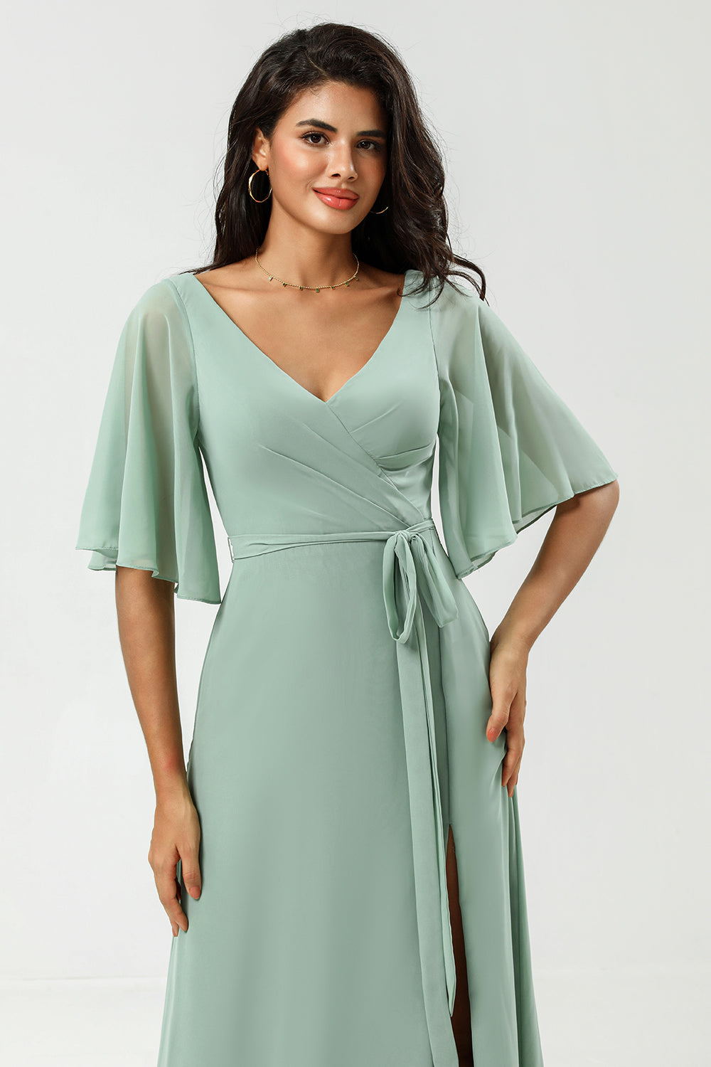 Wedtrend Women Matcha Bridesmaid Dress A Line V Neck Long Chiffon Formal Dress with Slit, Matcha / US18W