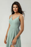 A Line Spaghetti Straps V Neck Floor Length Chiffon Bridesmaid Dress with Slit
