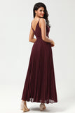 A Line Spaghetti Straps Floor-Length Chiffon Bridesmaid Dress with Ruffles