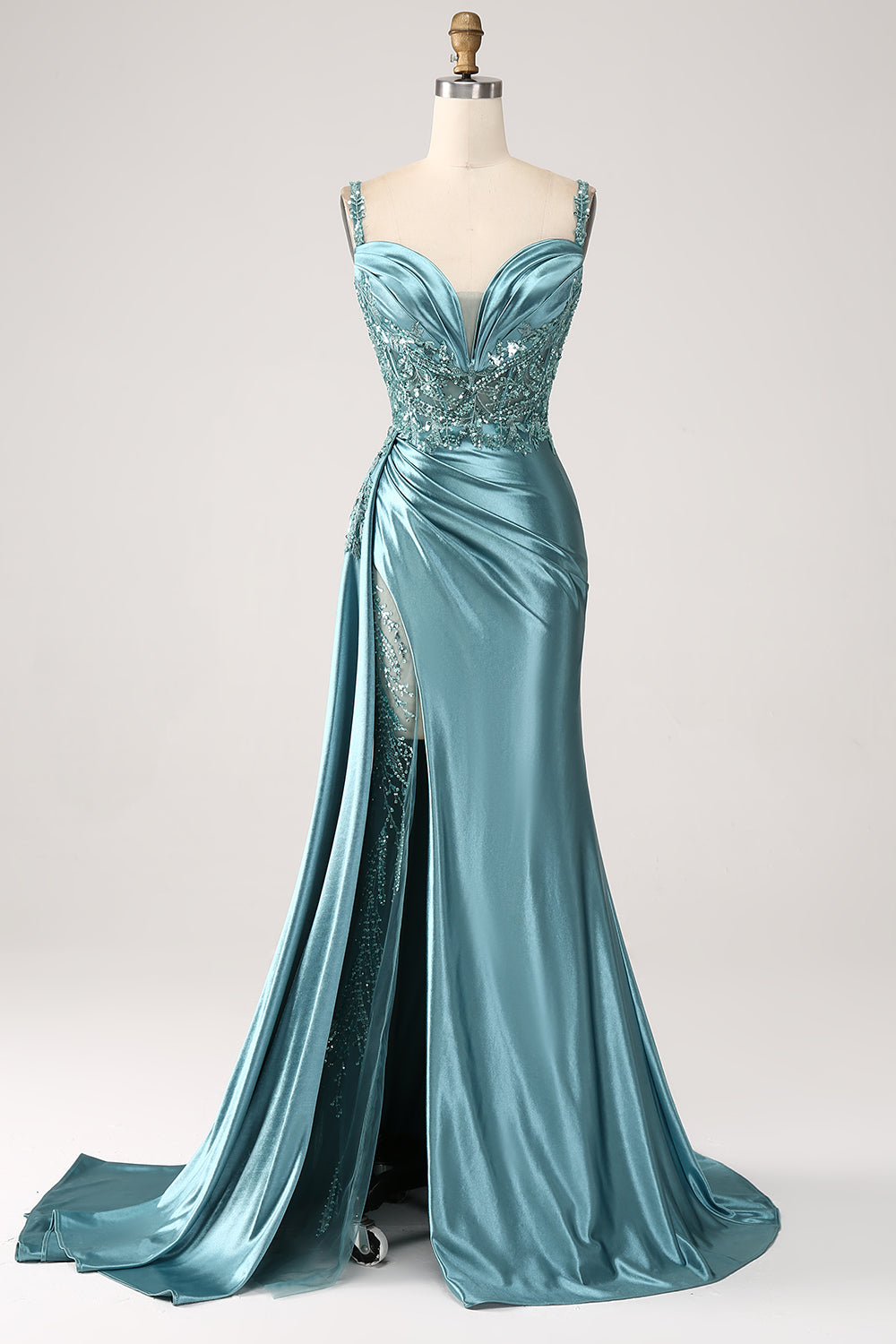 Wedtrend Women Blue Prom Dress Mermaid V-Neck Satin Long Appliques Sequin Evening Dress With Slit – WEDTREND Wedtrend Women Blue Prom Dress Mermaid V-Neck Satin Long Appliques Sequin Evening Dress With Slit – WEDTREND