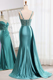 Mermaid V-Neck Satin Long Appliques Sequin Blue Prom Dress With Slit