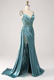 Blue Mermaid V-Neck Satin Side Streamer Long Appliques Sequin Prom Dress With Slit
