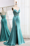 Mermaid V-Neck Satin Long Appliques Sequin Blue Prom Dress With Slit