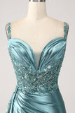 Blue Mermaid V-Neck Satin Side Streamer Long Appliques Sequin Prom Dress With Slit