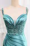 Mermaid V-Neck Satin Long Appliques Sequin Blue Prom Dress With Slit