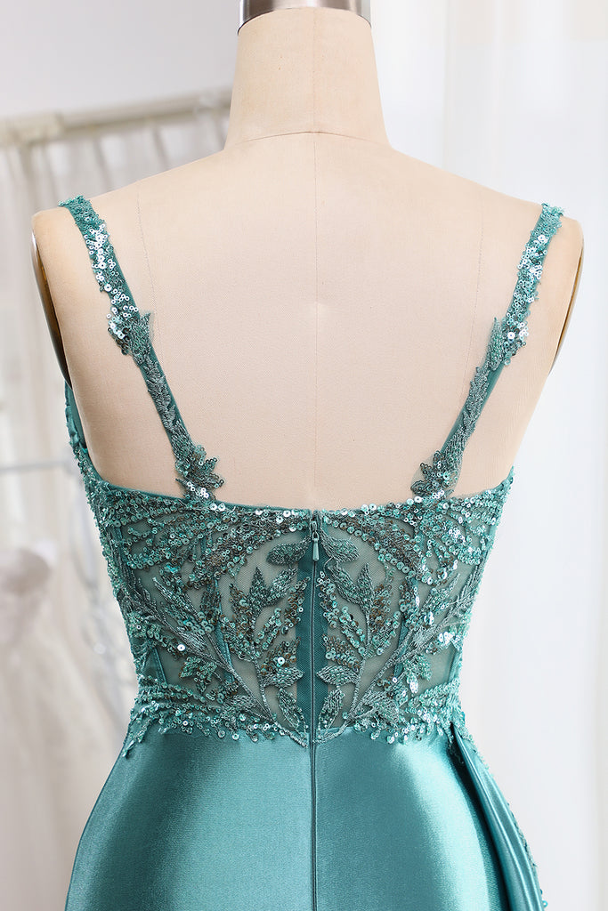 Blue Mermaid V-Neck Satin Long Appliques Sequin Prom Dress With Slit