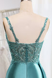 Mermaid V-Neck Satin Long Appliques Sequin Blue Prom Dress With Slit