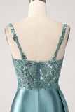 Blue Mermaid V-Neck Satin Side Streamer Long Appliques Sequin Prom Dress With Slit