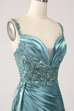 Blue Mermaid V-Neck Satin Side Streamer Long Appliques Sequin Prom Dress With Slit