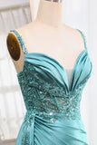 Mermaid V-Neck Satin Long Appliques Sequin Blue Prom Dress With Slit