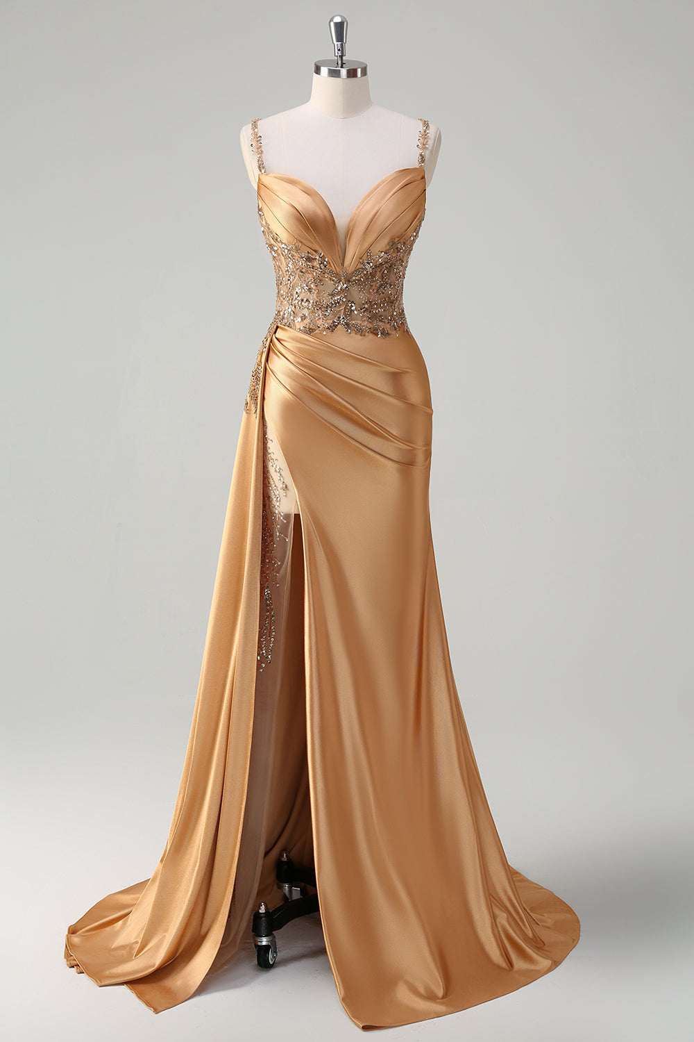 WEDTREND Women Sparkly Dark Green Satin Prom Dress with Slit Mermaid Side Streamer Corset Sequins Ruched Evening Dress WEDTREND Women Sparkly Dark Green Satin Prom Dress with Slit Mermaid Side Streamer Corset Sequins Ruched Evening Dress